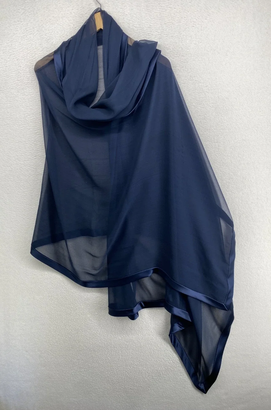 Silk Scarf Chiffon Shawl Wrap Sheer Rectangular Satin Trim Oversized 90x40 Blue